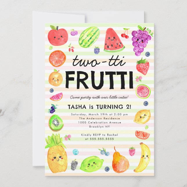 Convite Bonito Aniversário de 2 anos TWO-tti Frutti Frutas (Frente)
