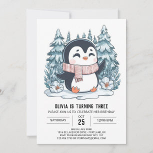 Convite Bonito aniversário digital pinguim entonado