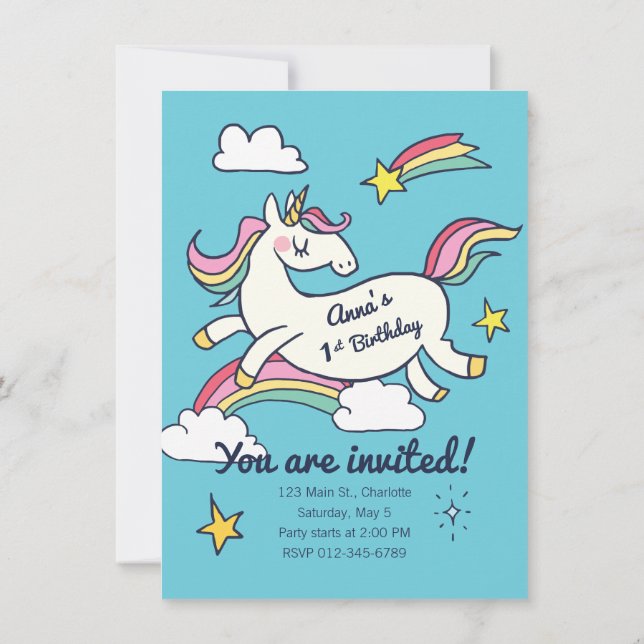 Convite Bonito Aniversário Doodle Rainbow Unicorn e Stars. (Verso)