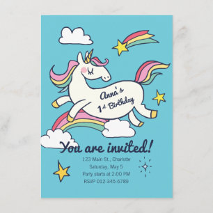 Convite Bonito Aniversário Doodle Rainbow Unicorn e Stars.