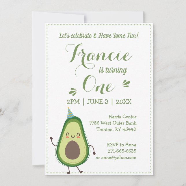 Convite Bonito Avocado Personalizar primeiro aniversario B (Frente)