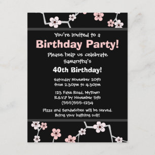 Convite Bonito Blossomas de Cereja - Partido Preto e Rosa