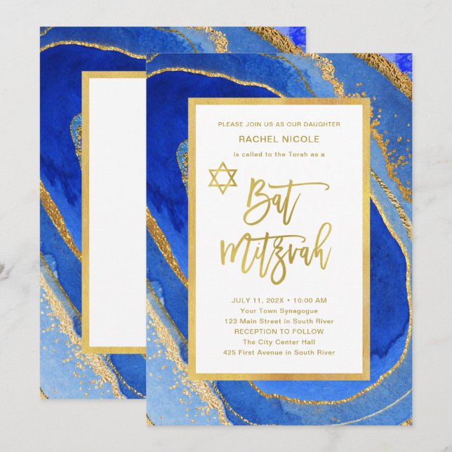 Convite Bonito Blue e Dourado Geode | Bat Mitzvah (Frente/Verso)