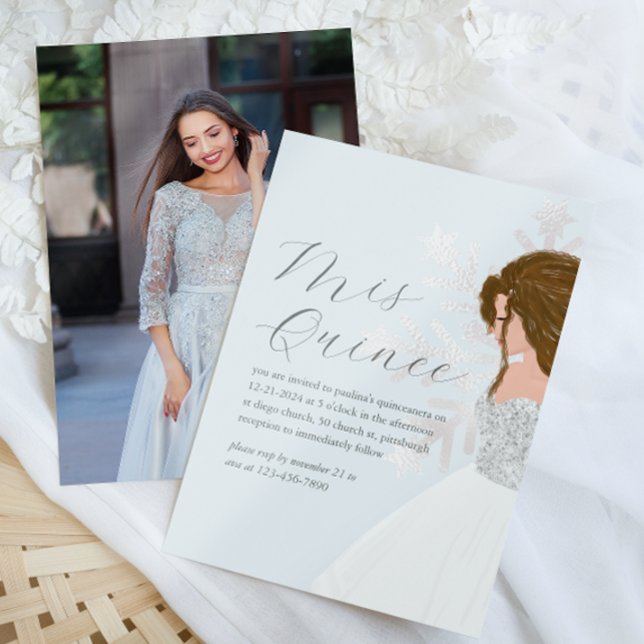 Convite Bonito Blue Winter Snowflakes Mis Quince Foto (Pretty blue winter theme mis quince quinceanera invitation.)