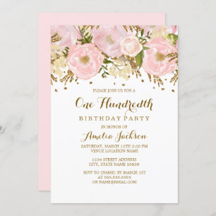 Convite Bonito Blush Dourado Floral 100º Aniversário, Cor-
