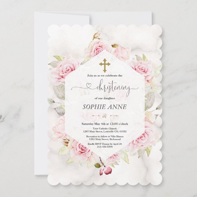 Convite Bonito Blush Floral Girl Christening Calliografia (Frente)