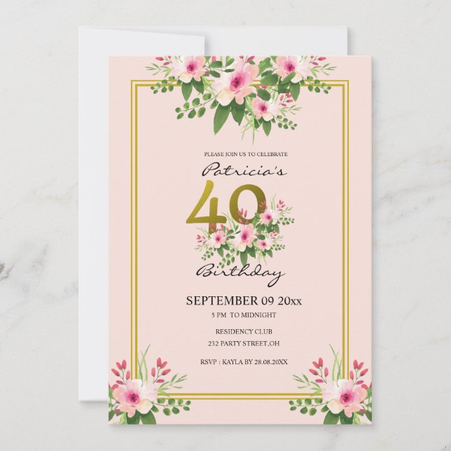 Convite Bonito Blush Floral Rosa E aniversário de 40 anos  (Frente)