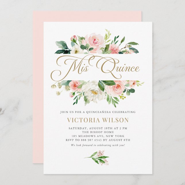 Convite Bonito Blush Peony Mis Quince Quinceañera (Frente/Verso)
