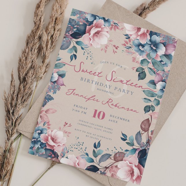 Convite Bonito Boho Blue Garden Floral Sweet 16 Champanhe (Pretty Boho Blue Garden Floral Sweet 16 Champagne Invitation)