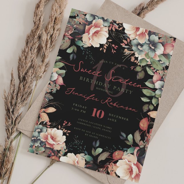 Convite Bonito Boho Garden Floral Sweet 16 Black (Pretty Boho Garden Floral Sweet 16 Black Invitation)