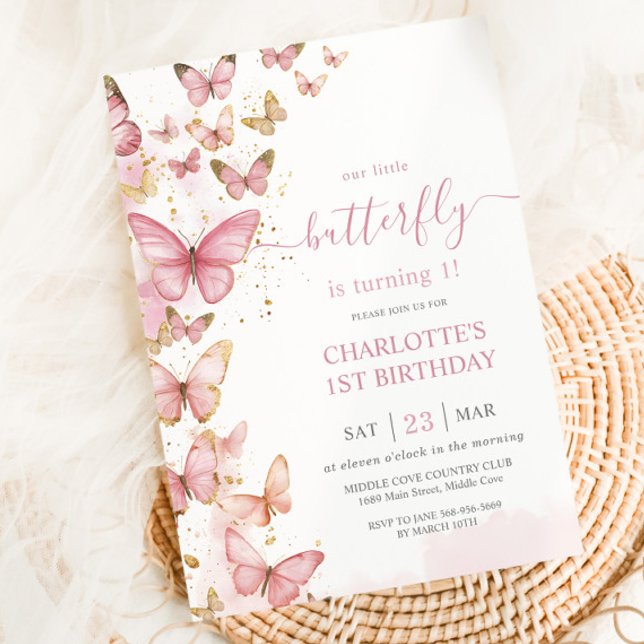 Convite Bonito borboleta rosa Garota 1 rua Primeiro Aniver (Criador carregado)