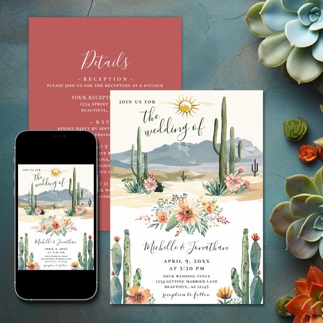 Convite Bonito Cactus Flor do Deserto Todos em Um Casament (Pretty Desert Flowering Cactus All in One Wedding Invitation)