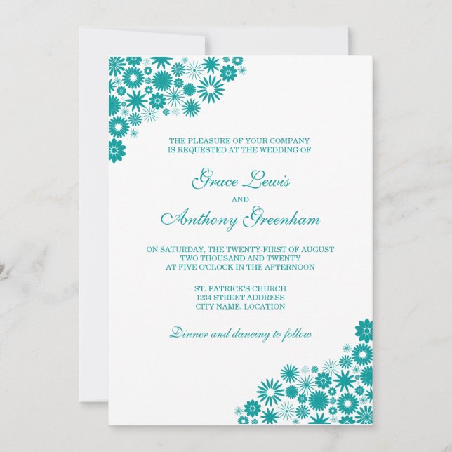 Convite Bonito Casamento Floral Teal (Frente)