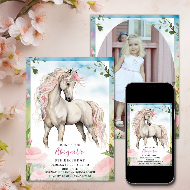 Convite Bonito Cavalo Branco e Flores Rosa Foto de Anivers (Pretty White Horse and Pink Flowers Photo Birthday Invitation)