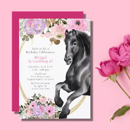 Convite Bonito Cavalo Negro com Flores Rosa Aniversário