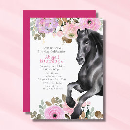 Convite Bonito Cavalo Negro com Flores Rosa Aniversário