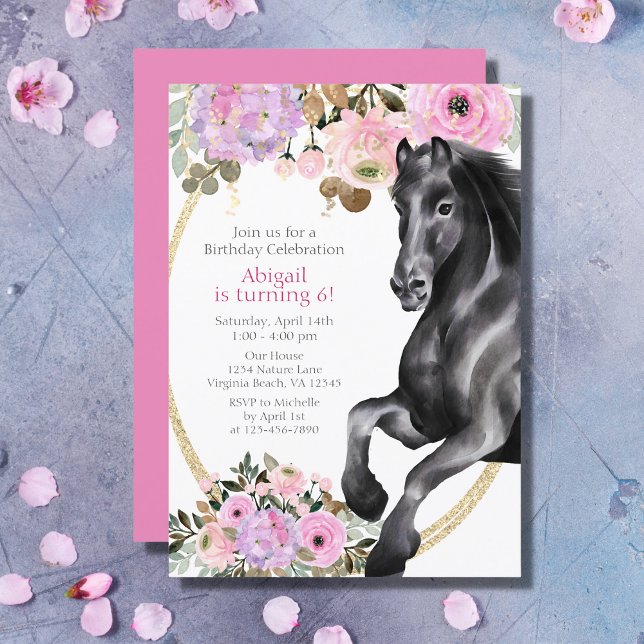 Convite Bonito Cavalo Negro com Flores Rosa Aniversário (Criador carregado)