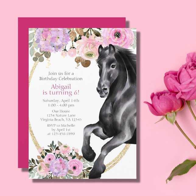 Convite Bonito Cavalo Negro com Flores Rosa Aniversário (Criador carregado)