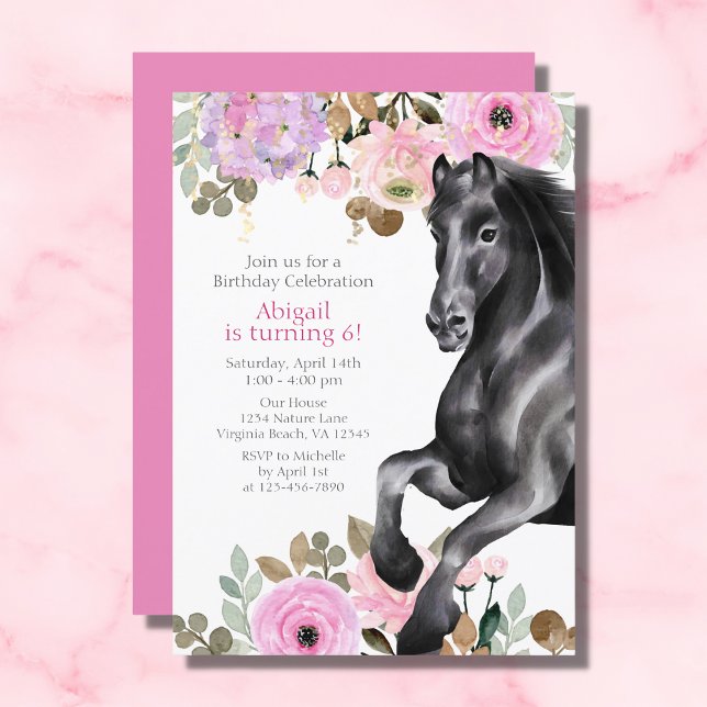 Convite Bonito Cavalo Negro com Flores Rosa Aniversário (Criador carregado)