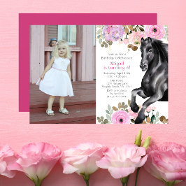 Convite Bonito Cavalo Negro e Flores Rosa Foto de Aniversá