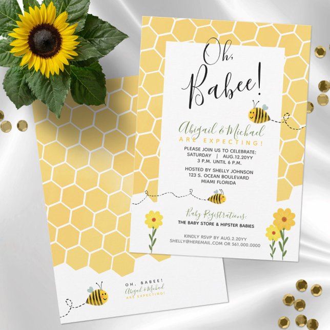 Convite Bonito Chá de fraldas de Abelhas de Aquecedora (Cute Bumble Bee Theme "Oh, Babee" Baby Shower Invitations -- Preview Customizations on Screen!)