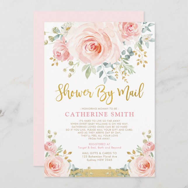 Convite Bonito Chá de fraldas De Garota Floral Rosa-Rosa P (Frente/Verso)