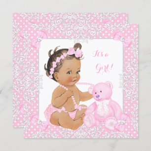 Convite Bonito Chá de fraldas Garota Lace Pink Bear Brunt 