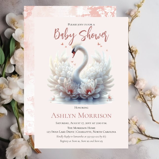 Convite Bonito Chá de fraldas Swan Floral Damask (Beautiful Swan Pink Floral Damask Girl Baby Shower Invitation)