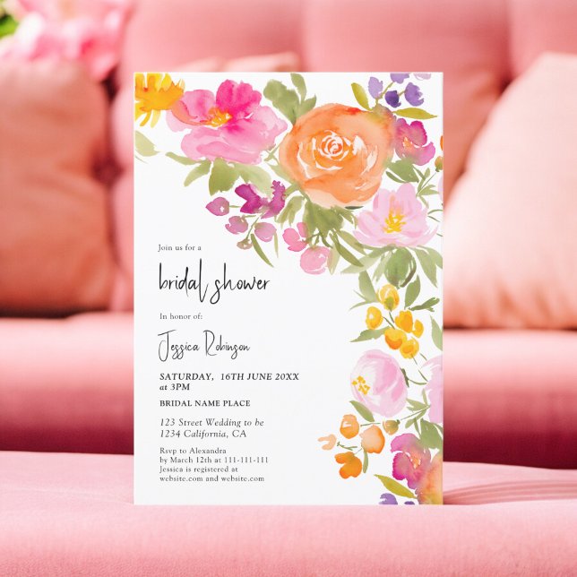 Convite Bonito chá de panela romântico rosa-de-verão (Pretty romantic pink summer floral bridal shower invitation)
