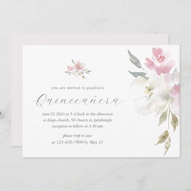 Convite Bonito cor-de-rosa, 15 anos, aniversário Quinceañe (Frente/Verso)