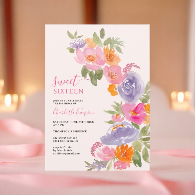 Convite Bonito cor-de-rosa-do-bico floral 16 (Pink Pretty boho floral watercolor sweet 16 Invitation)