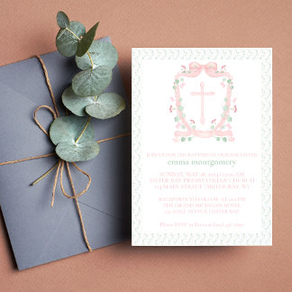 Convite Bonito Crest e Cross Rosa | Batismo Floral