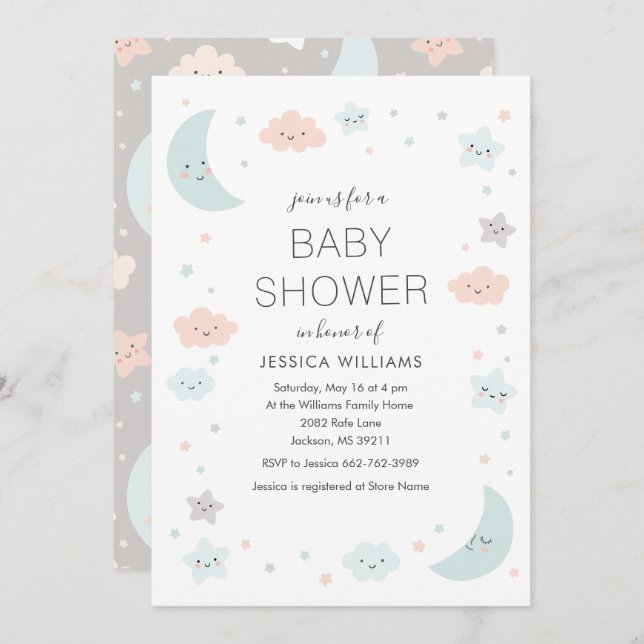 Convite bonito da lua & do chá de fraldas do (Frente/Verso)