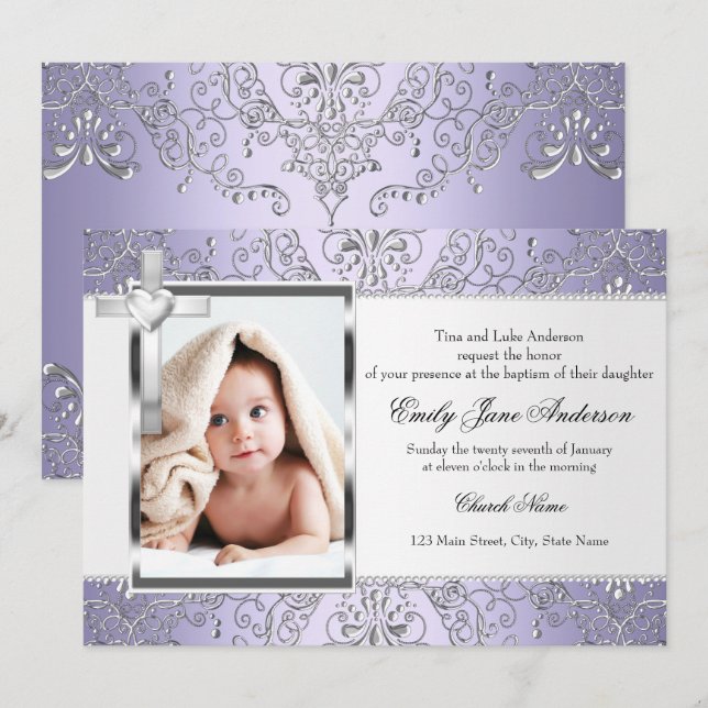 Convite Bonito Damask & Cross Purple Photo Baptism Convide (Frente/Verso)