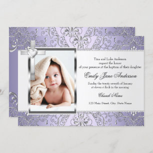 Convite Bonito Damask & Cross Purple Photo Baptism Convide