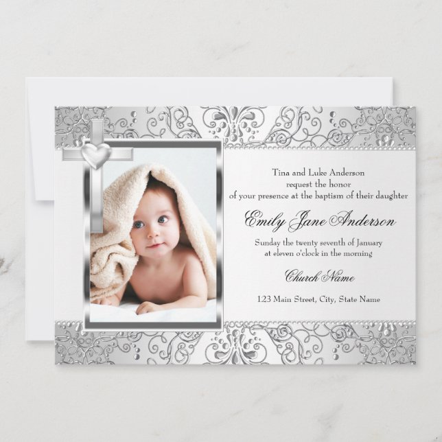 Convite Bonito Damask & Cross Silver Photo Baptism Convide (Frente)