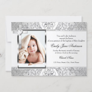 Convite Bonito Damask & Cross Silver Photo Baptism Convide