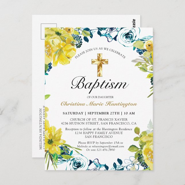 Convite bonito de Batismo Dourado Floral Amarelo (Frente/Verso)