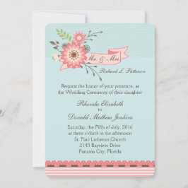 Convite bonito de Casamento Floral Azul e Coral