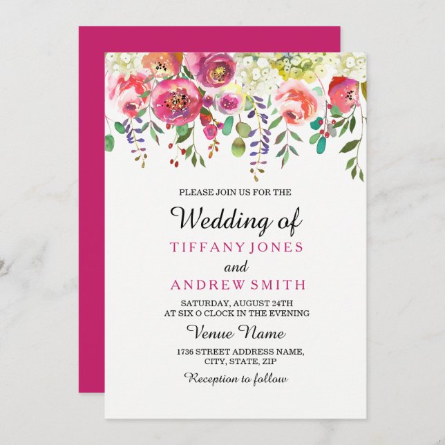 Convite Bonito de Casamento Tropical de Flor Rosa (Frente/Verso)