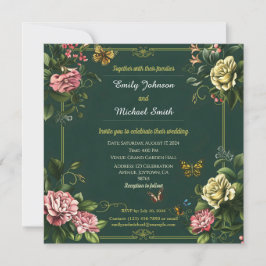 Convite Bonito design de casamento verde-floral e borbolet