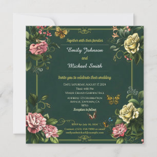 Convite Bonito design de casamento verde-floral e borbolet
