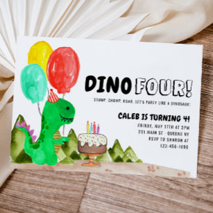 Convite Bonito Dino 4 Balões Dinossauro 4.º Aniversário