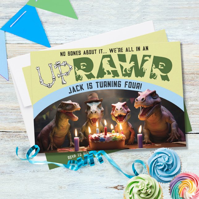 Convite Bonito Dinossauro para CimaRAWR Dino-Mite 4º Festa (Boy Dinosaur Bones UpRAWR Dino-Mite 4th Birthday Party Invite, blue, green, T-Rex, four-a-saurus)
