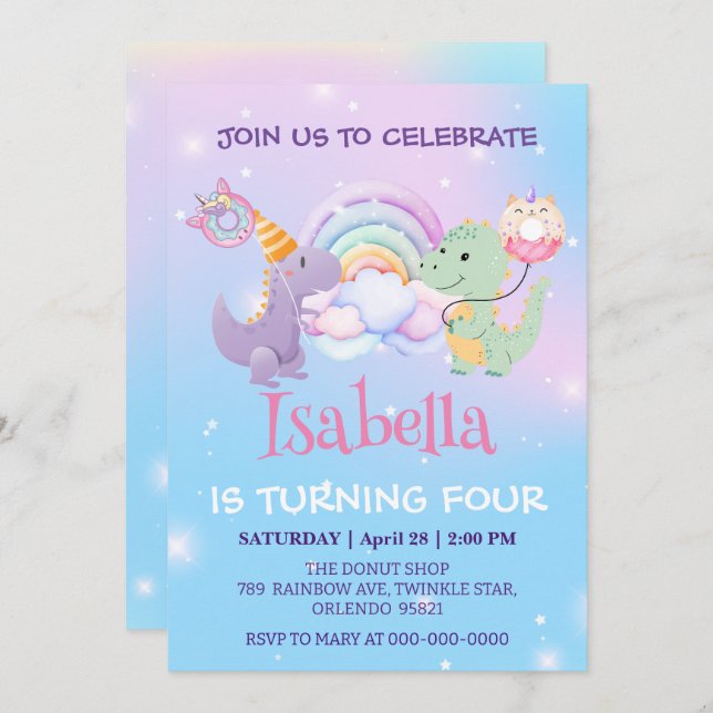 Convite Bonito Dinossauro Unicórnio Balão Arco-íris Crianç (Frente/Verso)