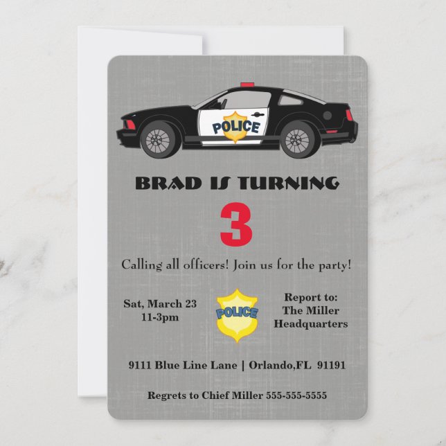 Convite bonito do aniversário do carro de polícia (Frente)