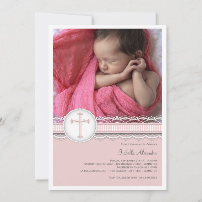 Convite bonito do batismo da foto do laço (Frente)