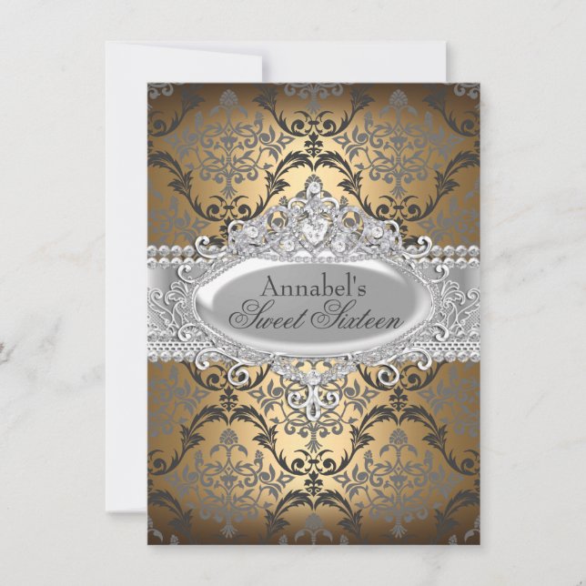 Convite Bonito Dourado & Silver Damask Sweet 16 Invite (Frente)