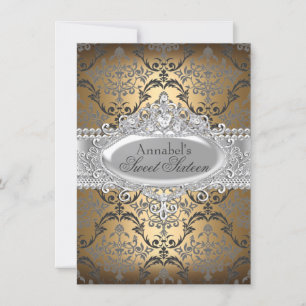 Convite Bonito Dourado & Silver Damask Sweet 16 Invite