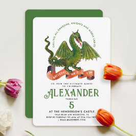 Convite Bonito Dragão Verde Medieval Curvo para Crianças